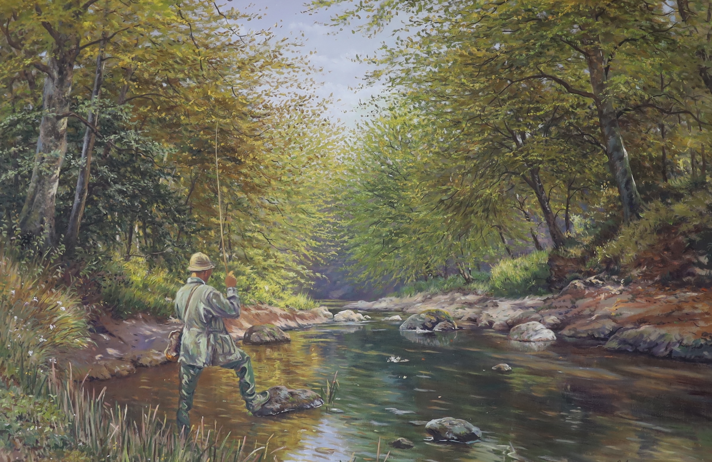 Jean Hamilton George (b.1948), oil on canvas, Fly fishermen in stream, signed with Stacy Marks label and receipts verso, 60 x 90cm